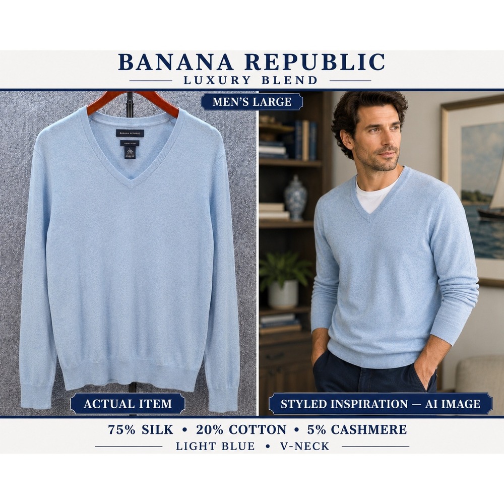 Banana Republic V-Neck Sweater Mens Silk Cashmere Blue Large Excellent Preppy